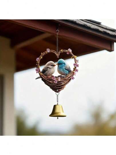 20.32cm X 40.13cm Heart-Shaped Bird Chime Wind Chime With Bells | Iron Art Garden Decor, Bird Theme Hanging Ornament, Suitable For Porch, Christmas And Year-Round Gifts - Soothing Sound