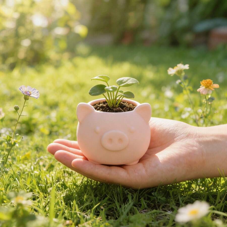 1个3D打印迷你粉色小猪花盆，带排水孔，可爱动物造型多肉植物盆，适合桌面、阳台、家居装饰、复活节礼物