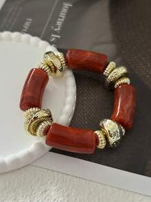 1 Set de Pulsera de Aleación de Color Maillard Combinada con Pulsera Asimétrica de Cuentas de Acrílico, Adecuada para el Uso Diario, Viajes y Combinación de Moda de las Mujeres - Multicolor - Ver 10