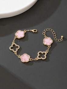 1件装 奢华优雅镂空四叶草花朵吊坠手链（女士款，不含礼盒） - 粉色 - 查看 4