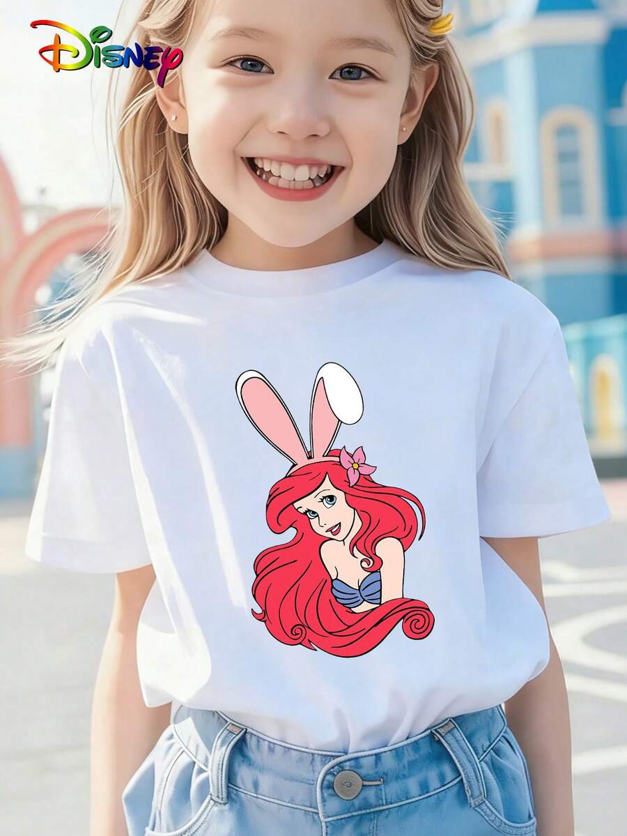 Disney Official Licensed Easter Ariel Bunny Ear Graphic Girls Cute Short Sleeve T-Shirt Soft Breathable Perfect For Daily Wear Playdates And Holiday Gatherings - White - View 1