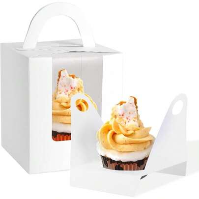 10 PIEZAS/1 PIEZA Cajas para cupcakes con ventana y asa, cajas individuales desechables blancas con inserto de 3.7 * 3.7 * 4.3 pulgadas, contenedores/soportes para cupcakes (Blanco/)