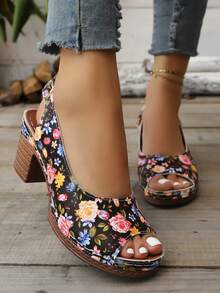 白色轻便高跟鞋，夏季新款镂空高跟女鞋，复古休闲魔术贴粗跟女鞋 - 黑色花朵 - 查看 3