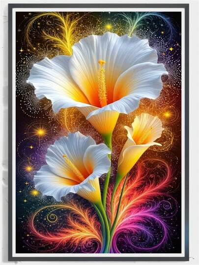 1件套圆形钻石画套装，5D马赛克钻石画，白色马蹄莲，圆形钻石工艺画，适合DIY或家居装饰，家庭礼物