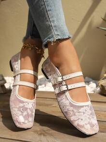 新款夏季蕾丝网面女士平底鞋，镂空透气时尚玛丽珍芭蕾舞鞋，细带搭扣，休闲百搭柔软优雅夏季网面鞋 - 卡其色 - 查看 4