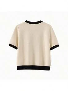 DEEKA Summer New Women's French Contrast Color Button Round Neck Fitted T-Shirt Short Sleeve Knit Cardigan Spring - White 1 - View 5