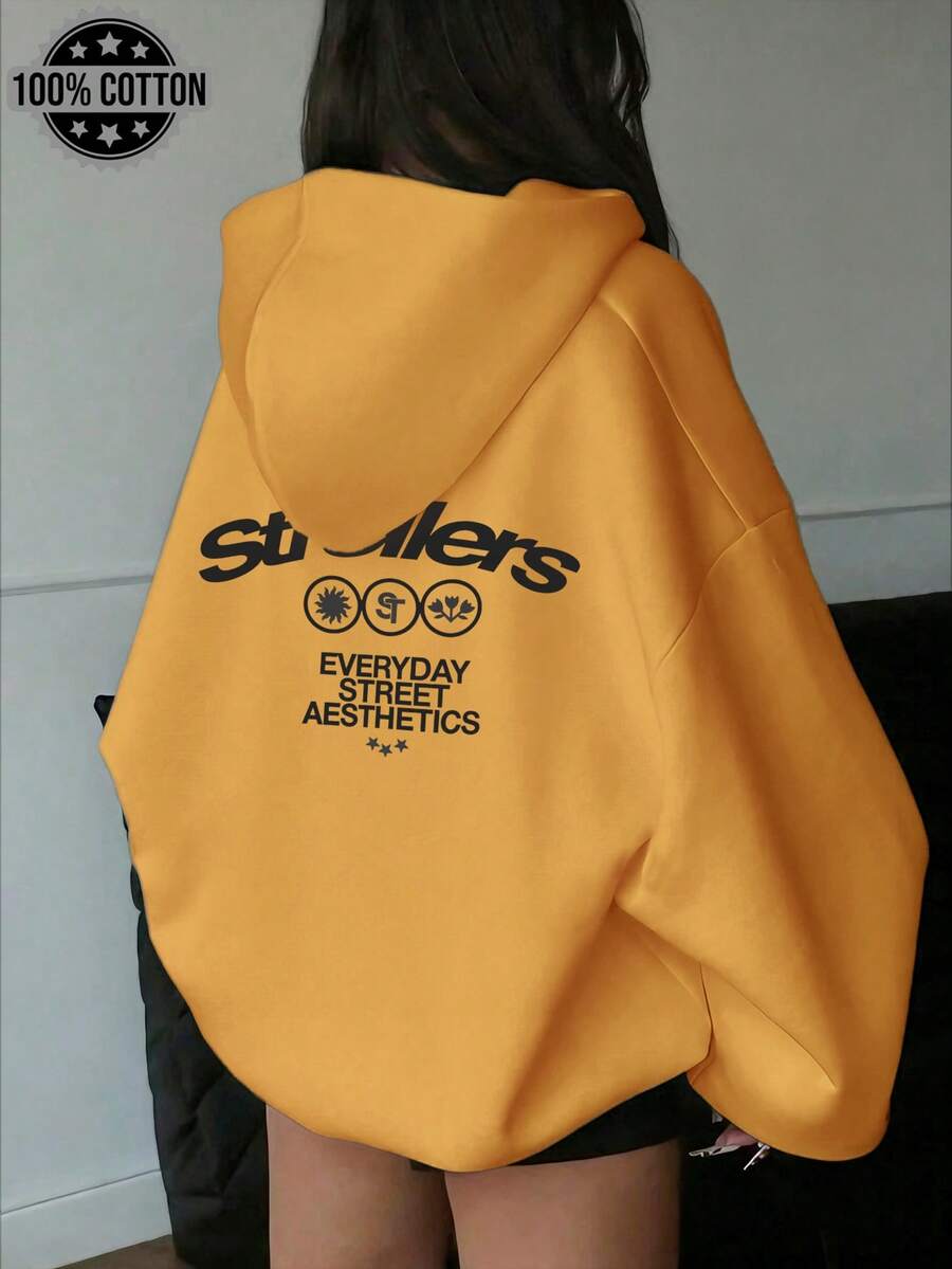 2026 New Fashion Graphic Print Sweatshirt, Dropped Shoulder Long Sleeve Casual Versatile Drawstring Sweatshirt - Turmeric - View 1