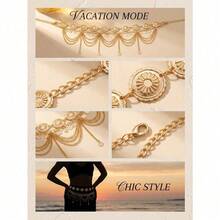 2pcs Vintage Boho Style Daisy Petal & Flower Design With Multi-Layer Coin Belly Chain, Sexy Arabian Tassel Waist Chain, Suitable For Beach, Holiday, Party Wear, Halloween, Campus Autumn, Autumn - Vàng 2 miếng - Xem 5