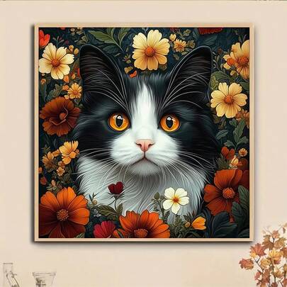 1pc DIY Cat And Floral Pattern 5D Diamond Painting Kit, [30*30cm/11.8*11.8in] [40*40cm/15.7*15.7in], Suitable For Adult Beginners DIY Mosaic Diamond Art, Full Drill Handmade Hobby, Wall Decor Painting For Living Room, Bedroom, Office, Surprise Gift For Family And Friends, Frameless