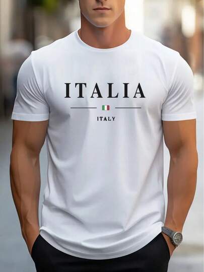 Italian Men's T-Shirt, Comfortable Round Neck, Casual Cotton Short-Sleeve, Soft And Breathable Top, Men's Clothing, T-Shirt For Summer And Spring, Streetwear, Cotton Fabric, Stylish Letter Print, 180g, 100% Cotton