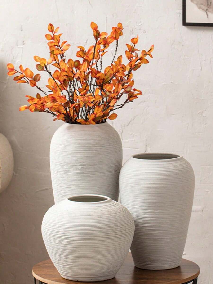 1 buc Vază hidroponică ceramică în stil minimalist nordic, potrivită pentru decorul casei, Set de vaze decorative minimaliste moderne, potrivite pentru flori proaspete, Vază în stil boem, potrivită pentru livingul în stil rustic, sufrageria, raft de cărți pe masă, decor central, decor pentru casă, decor central, decorațiune de masă, Vază mare cu flori cu dungi albe - Alb - Vizualizare 1