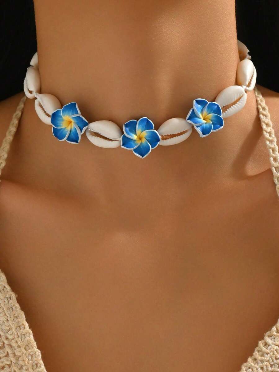 1pc Personalized Beaded Shell Adjustable Necklace, Beach Style For Women, Suitable For Vacation, Party And Daily Wear - Blue - View 1