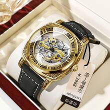 1pc Men's Black Zinc Alloy Business Style Luminous Carved Automatic Tourbillon Hollow Mechanical Watch - Black - View 7
