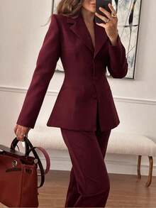 2pcs/Set Elegant Basic Slim Fit Blazer Jacket + Ankle-Length Pants, Suitable For Business, Commute And Daily Wear - 酒紅色 - 查看 7