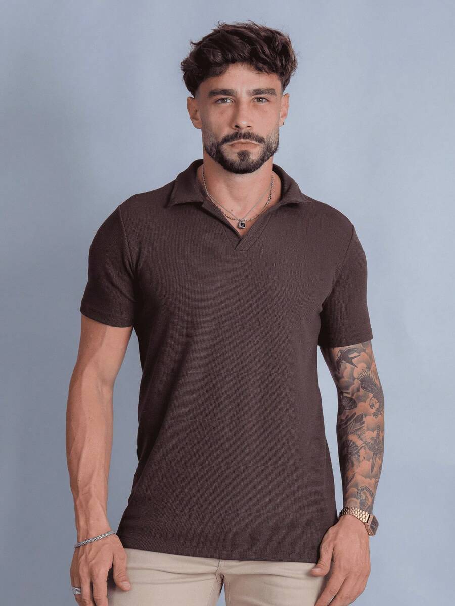 CAMISETA POLO ITALIANA DE TRICOT COM ELASTANO - Marrom - Visão 1