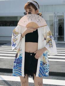 中国风复古可爱学院风仙鹤印花罩衫，和服外套，夏季沙滩比基尼罩衫，防晒外套 - 白色 - 查看 2