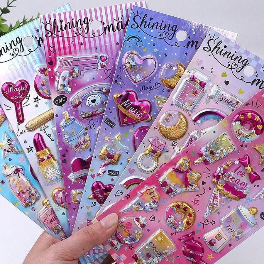 Reusable 3D Stickers 1/4/12 - Shiny Gold Shaker Stickers, Suitable For Heat Transfer, Sand Art Sticker Books, Scrapbooking, Diaries, Sticker Albums, Planners, Envelopes, DIY Crafts, Cartoon 3D Embossed Stickers And Fun Cute Crystal Stickers