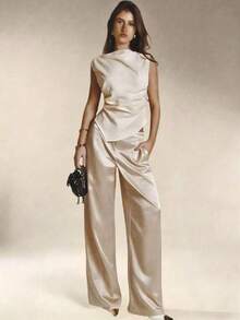 Quần dài nữ bằng lụa satin màu trơn có túi và khóa kéo, thích hợp cho kỳ nghỉ, công sở, tiệc trưa, trang phục sân bay, mọi mùa xuân. - Rượu sâm banh - Xem 5