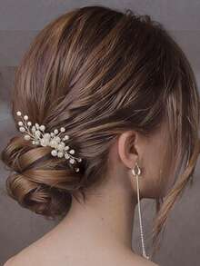 1pc Handmade Pearl & Crystal Hair Comb, Bridal Hair Accessory - Silver - View 3