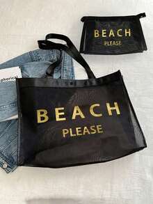 大容量网眼沙滩包套装，“BEACH PLESE”图案网眼袋，金色亮片字母，化妆包，镂空网眼沙滩手提包，网眼化妆收纳袋，可折叠大容量游泳包，字母装饰网眼沙滩手提包 - 彩色 - 查看 3