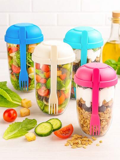 1/3/5 كوب سلطة بغطاء وملعقة من وعاء الزجاج المحكم، حاويات محمولة للزبادي والحليب مع شوكة، صحية مع غطاء