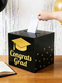 1pc Graduation Paper Card Box, 2026 Graduate Card Gift Box, Graduation Congratulations Message Card Box, Ballot Box, Suggestion Card Box, Graduation Voting Game Supplies, Graduation Congratulations Party Decoration, Graduation Party Supplies, Graduation Gift, Black & Gold Decoration - Black Gold - View 1