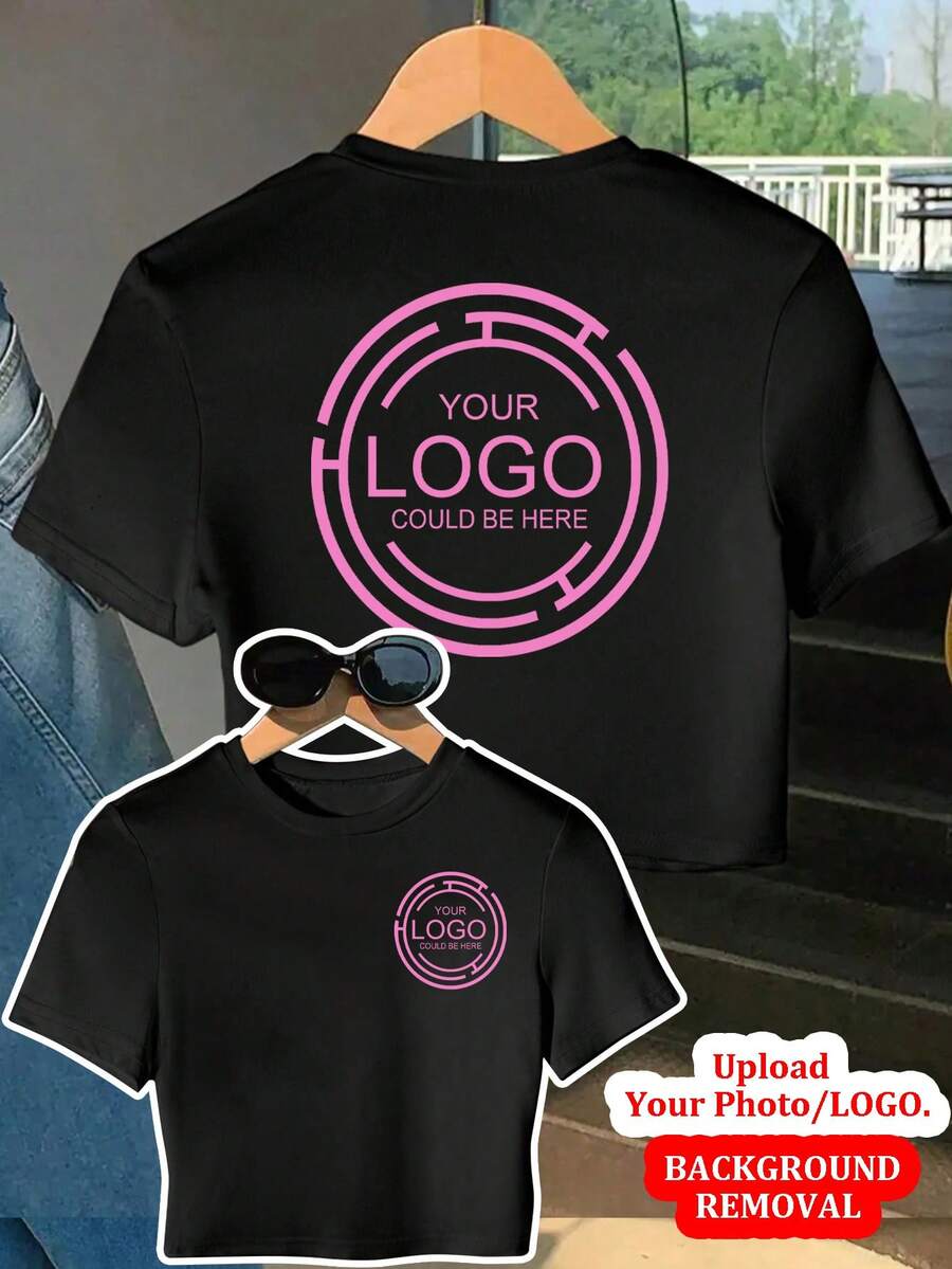 Customized Women's Black T-Shirt With Logo Photo Printing, Personalized Work Or Dance Team Uniform Summer - Black - View 1