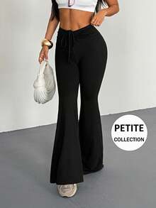 AiTyi PETITE 女士长裤，修身休闲褶皱抽绳设计，高腰修身，时尚性感，适合户外、通勤、Y2K 风格、海滩派对、毕业典礼、春节、复活节、音乐节等场合，春夏弹力针织喇叭裤，黑色冬季款 - 黑色 - 查看 1