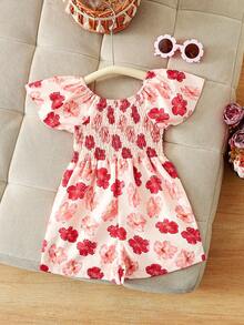 Toddler Girls' Orange Floral All-Over Print Sleeveless Romper, Spring/Summer - Orange - View 2