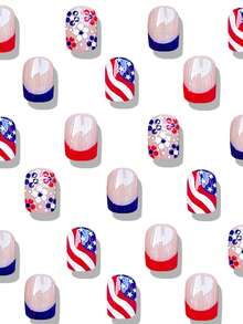24pcs Cute Square Press On Fake Nails Colorful Short Nail American Flag And Flowers Fake Nails Independence Day Nails - Multicolor - View 2