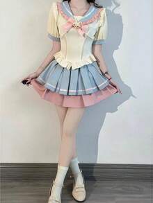 Bộ đồng phục học sinh JK dễ thương, ngọt ngào dành cho bé gái, áo cổ nơ màu xanh navy và chân váy xếp ly phối màu tương phản, thích hợp cho chụp ảnh, cosplay Halloween, dự tiệc mùa xuân. - Màu xanh nhạt - Xem 6