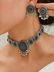 1件复古中东风极简串珠项链，1对复古串珠个性化耳环（女士款） - 復古銀色 - 查看 5