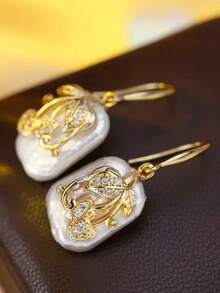 1 Pair Women's Sparkling Cubic Zirconia Faux Pearl Pendant Earrings, Valentine's Day Gift - Yellow Gold - View 9