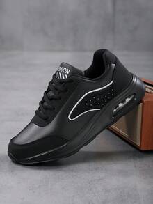 新款女士真皮气垫休闲运动鞋 | 学生跑步鞋 旅行鞋 | 时尚百搭运动鞋 - 黑色 - 查看 1