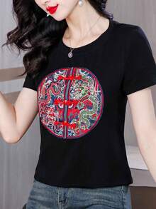 2025夏季新款圆领短袖T恤女装，新款中国风刺绣百搭插肩袖上衣休闲黑色 - 黑色 - 查看 4