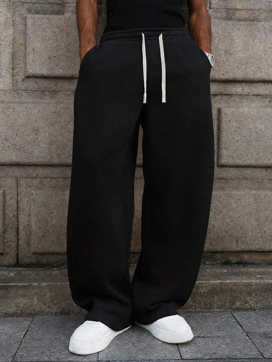 Spring And Autumn New Men's Long Pants - Solid Color, Glossy Surface, Casual And Sporty, Regular Size, Elastic Waist With Drawstring, Pockets, Suitable For Outdoor Camping, Vacation And Travel, Men's Straight-Leg Pants.Gifts For Boyfriend, Easter Gifts - 黑色 - 查看 1