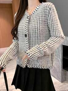 Striped Contrast Color Long Sleeve Cardigan (Random Stripe) - Black and White - View 6