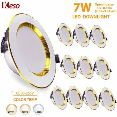 Kasotile Luxury Gold-Edged Tri-Color Dimmable Recessed Downlight, 9W Power, 85-265V Wide Voltage, Bedroom Corridor Kitchen Ceiling Light, Eye-Friendly High CRI Downlight, 100mm (5/10PCS)