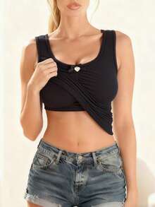 Áo hai dây dệt kim không tay màu đen dành cho nữ, áo lót có đệm co giãn, áo croptop thiết kế gợi cảm. - màu đen - Xem 6