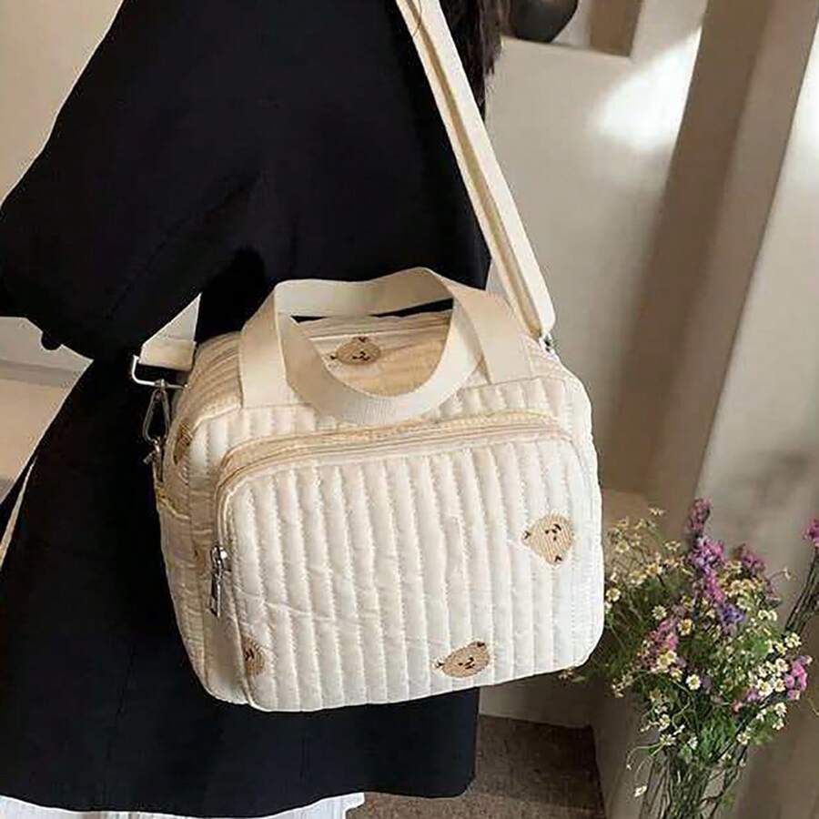 Cute Women's Quilted Diaper Bag, Large Capacity Mommy Bag, Bear Embroidery, Lightweight Multi Pocket Mommy Travel Handbag, Slanted Shoulder Bag With Plush Charm - Multicolor - View 1