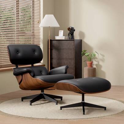 Nalupatio Swivel Chaise Lounge Chair And Ottoman, Premium PU Leather Modern Lounge Chair, Comfy Accent Reclining Chair For Living Room, Bedroom, Reading, Available In Black Or White, Adjustable Backrest With Integrated Footrest, Solid Wood Frame 150kg Capacity, Ergonomic Seat With Rocking Function, Easy Assembly