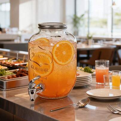 1 unidad de recipiente de cristal de gran capacidad, resistente al calor y a la corrosión, disponible en varios estilos, ideal para almacenar agua, limonada, té de frutas, café frío y otras bebidas para un fácil acceso, perfecto para fiestas, celebraciones y picnics, adaptándose a diferentes necesidades.