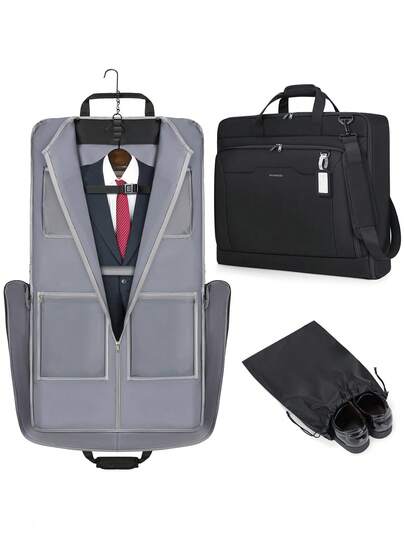 Business Travel Briefcase, Travel Garment Bag, Portable Hanging Clothes Bag, For Business Suits, With Shoe Bag And Shoulder Strap, Waterproof And Foldable Suit Luggage Bag, Suitable For Both Men And Women, Black/Gray