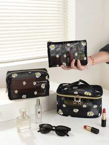 3pcs/Set Large Capacity Fashionable Minimalist Transparent Hollow Mesh Cosmetic Bag, Suitable For Travel, Outdoor, Home Use - Black - View 4