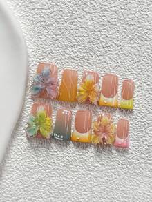 10片装彩色夏季风亚克力美甲套装，手工制作的五瓣渐变花朵（蓝、绿、粉、橙、黄、紫），手绘纯色水波纹，白色圆点美甲贴片，包含美甲工具（1片果冻贴+1个指甲锉），三种尺寸可选：杏仁形、鸭嘴形、棺材形，适合春夏日常、派对、拍照、通勤等场合。 - 彩色 - 查看 17