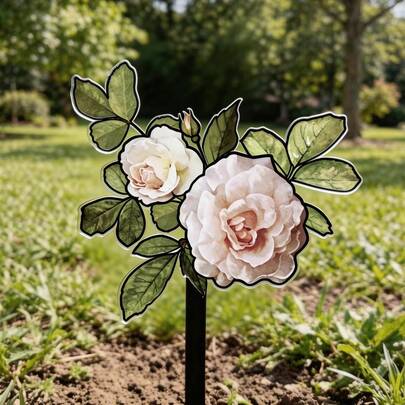 New 2D Acrylic Painted Rose Garden Stake, Yard Decor Flower Insert, Outdoor Lawn Green Fresh Art Ground Stake, Atmosphere Decoration