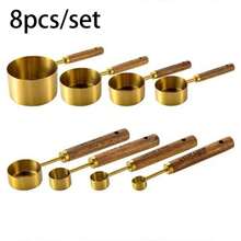 This 8-Piece Set Of Gold Stainless Steel Measuring Spoons And A Baking Measuring Cup With A Solid Wood Handle Is A Precise Measuring Tool For The Kitchen. It Is Suitable For Accurately Weighing Ingredients Such As Coffee Powder, Tea Leaves, And Sugar, Ensuring Consistent Beverage Flavor. It Is Perfect For Baristas And Tea Lovers. - màu nâu - Xem 9