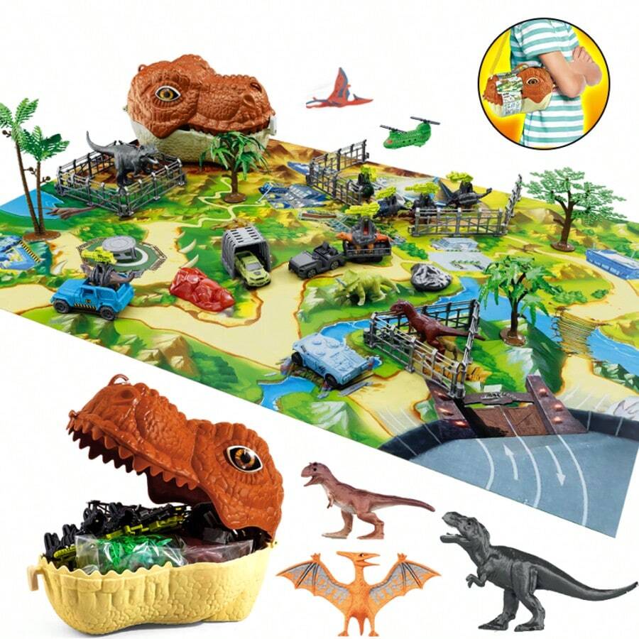 49 pièces Set de figurines de dinosaures militaires avec armes et clôtures, convient aux enfants de 3 à 8 ans, comprend des figurines de dinosaures jurassiques, des véhicules militaires et un ensemble de parc de dinosaures avec boîte de rangement et tapis de jeu - Multicolore - Voir 1