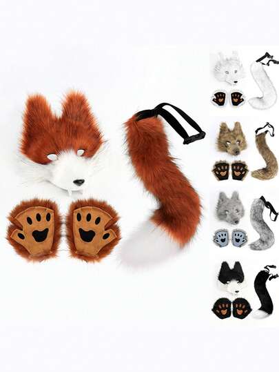 Wolf Mask Set, Realistic Wolf Tooth 3D Cosplay Costume With Furry Tail, Suitable For Masquerade Party And Performance