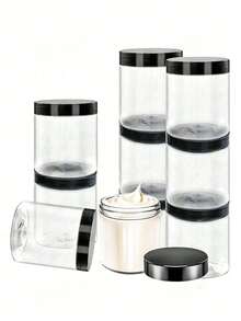 6个透明PET材质储物罐，带盖，容量50-500毫升，空塑料化妆品收纳罐 - 黑色 - 查看 1